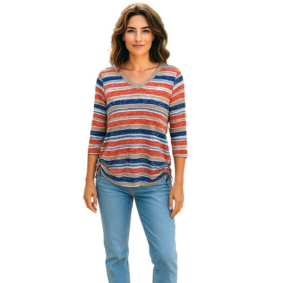 FDJ Womens 3/4 Sleeve‎ Ruched Sides Watercolor Sheer Stripe Top Size Large - Picture 1 of 14